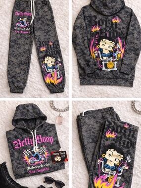 Betty Boop Grat Tie-Dye Motorcycle Hoodie and Joggers